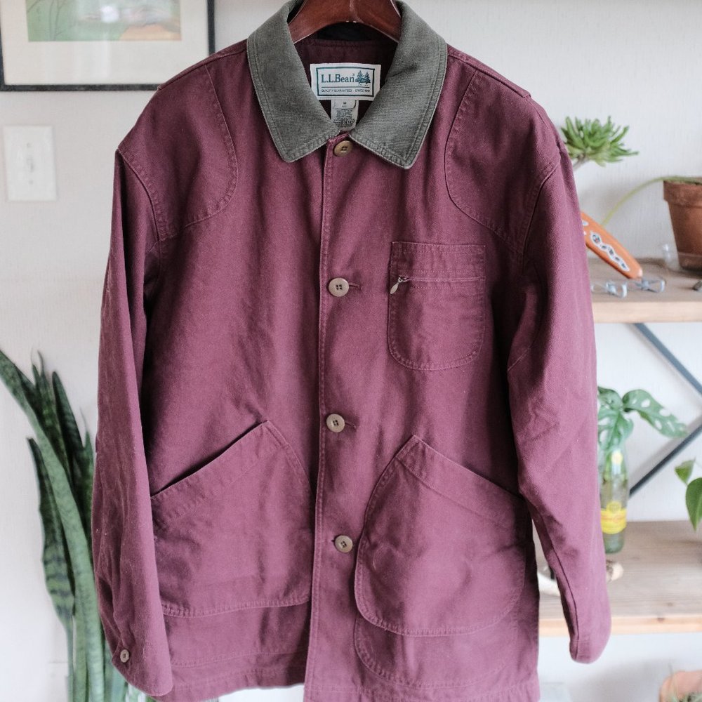 VTG LL Bean Blanket Lined Chore Coat Burgundy Corduroy Collar